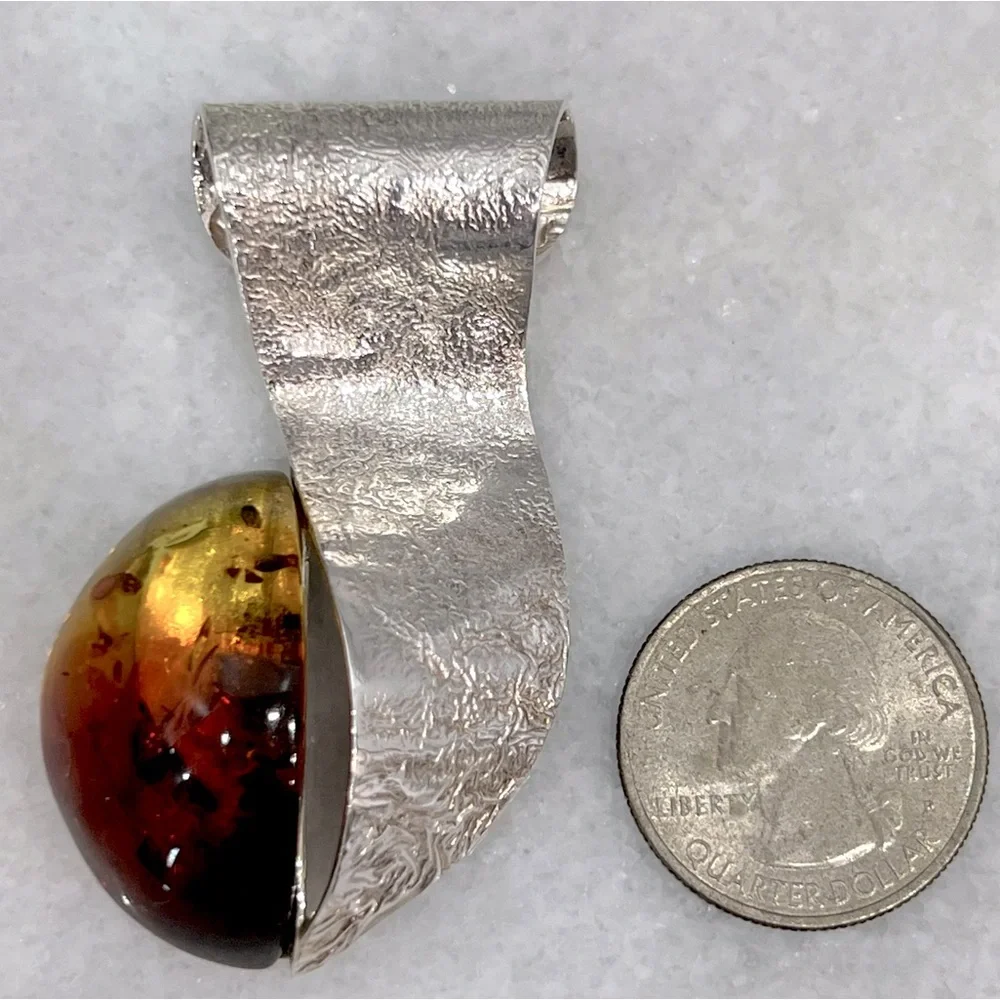 RARE BiColor Baltic Amber Sterling Silver Textured Scrolled Pendant